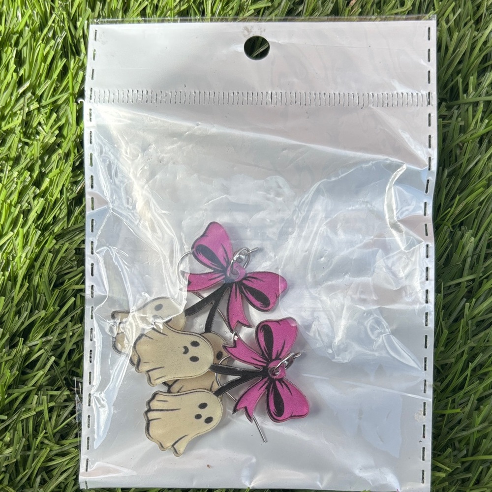 Pink Bow & Cream Ghost Charm Earrings